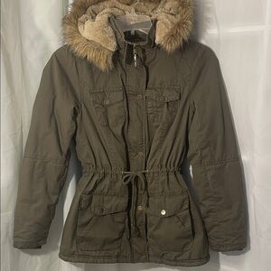 Royalty For Me. Olive Utility Jacket with Faux Fur Hood Size Small